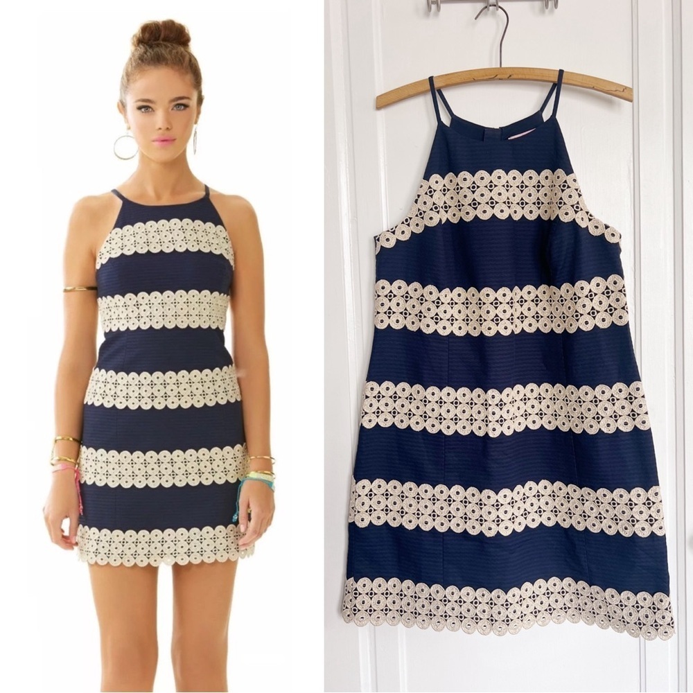 Lilly Pulitzer • Annabelle Shift Dress gold lace applique True Navy blue cotton